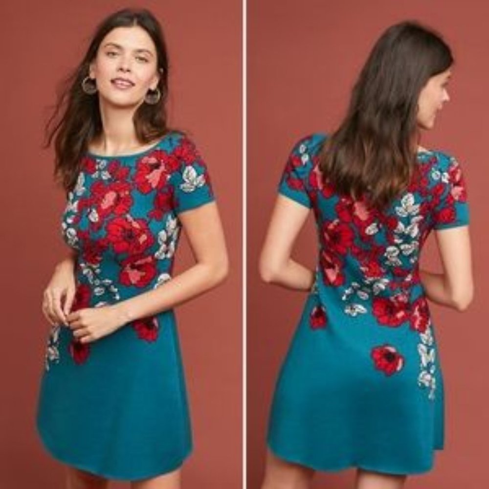 Anthropologie Maeve Allison Floral Sweater Dress Teal Red Flowers  2R